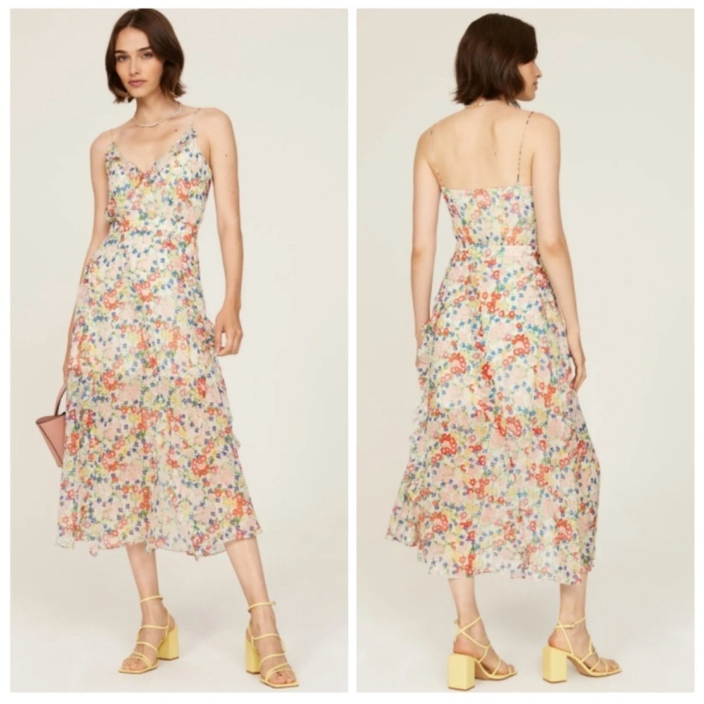 Saloni Ayla-B Floral 100% Silk Dress Floral Midi Ruffle Size 4 Nwot
